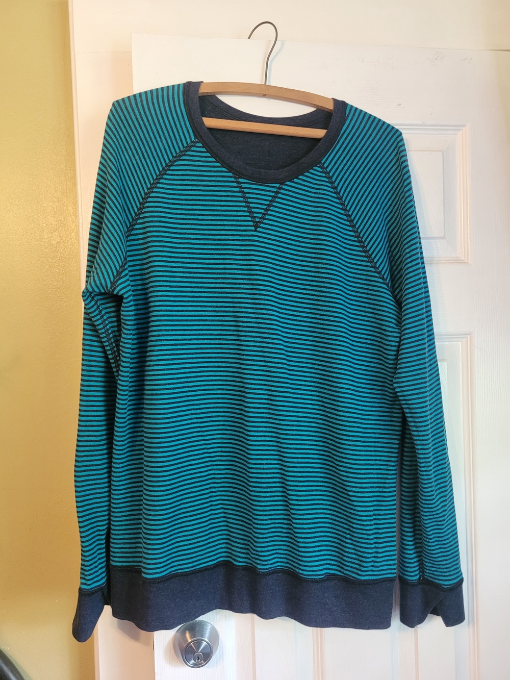 Lululemo Men's/Women's Teal and Navy Striped Reversable Crewneck Sweater